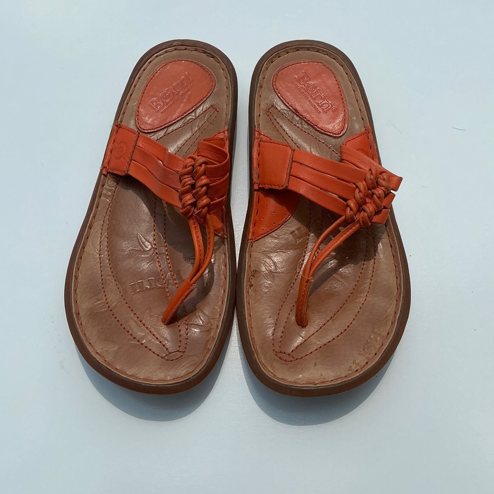 Born Handcrafted Orange Leather Knotted Thong Sandals Tropical Sole Womens